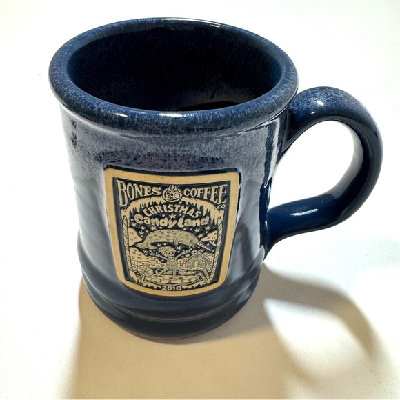 Bones Coffee Co Deneen Pottery 2018 Christmas Candy Land Mug Cup Blue Drip Glaze - Picture 2 of 9